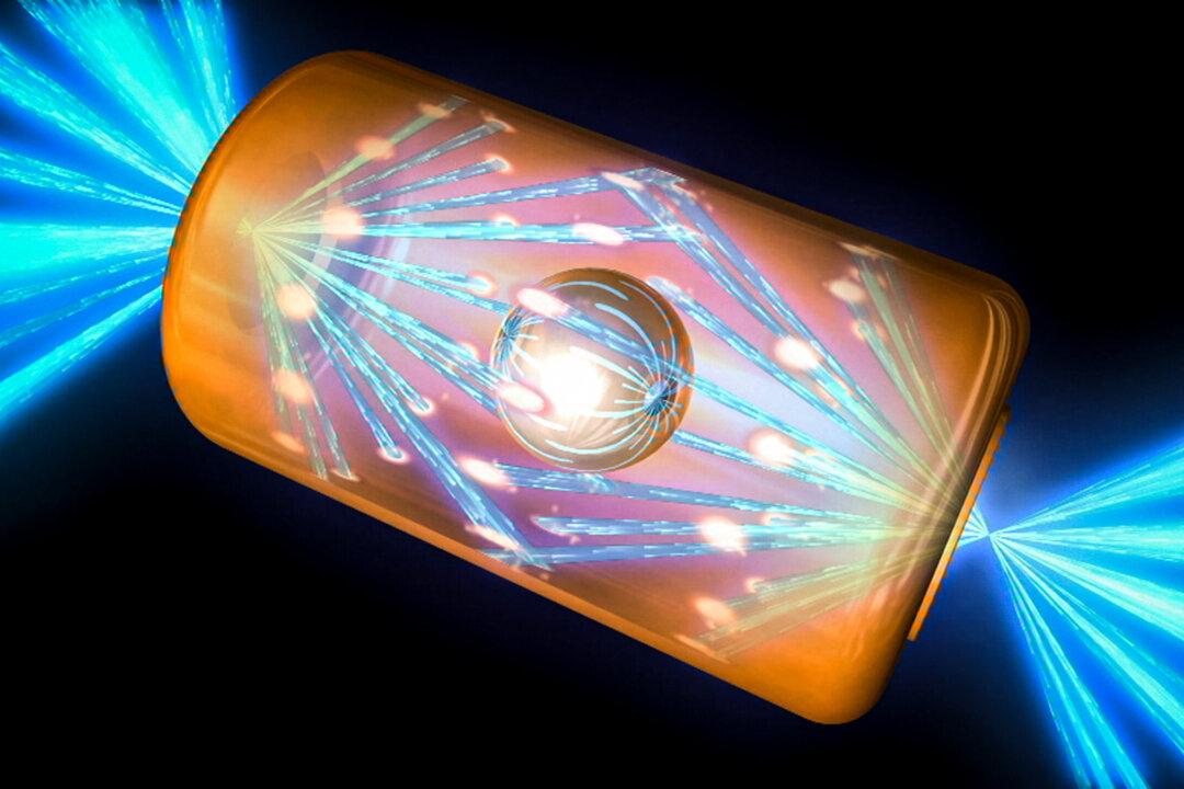 (Top) Technicians work on a target (R) at the National Ignition Facility (NIF) at Lawrence Livermore National Laboratory. (Bottom L) An illustrative rendering shows a NIF target pellet inside a hohlraum capsule with laser beams entering through the openings on both end. The beams compress and heat the target to the necessary conditions for nuclear fusion to occur. (Bottom R) A view of the cryogenically cooled target as seen by the laser through the hohlraum capsule's laser entrance point. (U.S. Department of Energy)