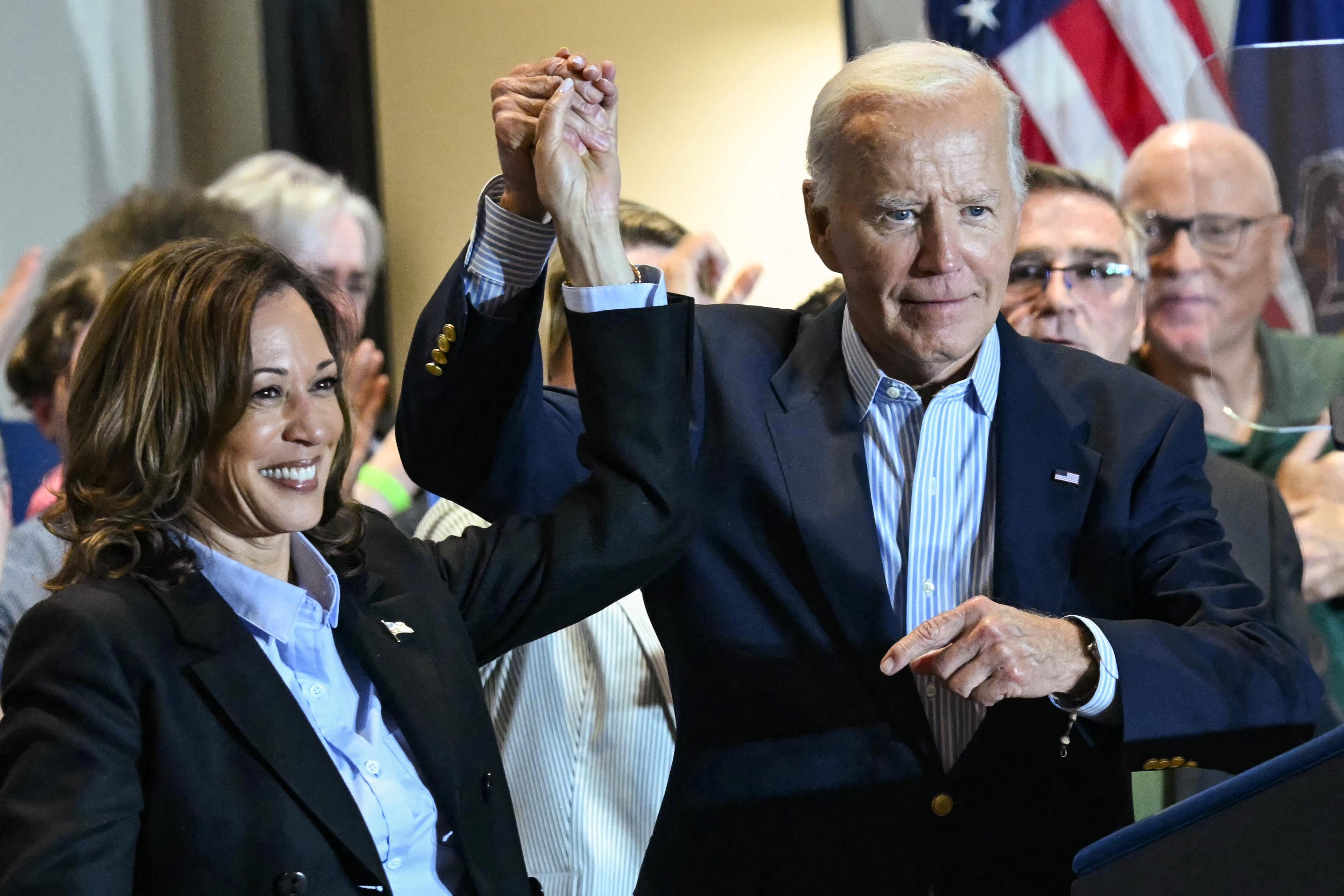 President Joe Biden and Vice President Kamala Harris at a campaign rally at the International Brotherhood of Electrical Workers Local 5 in Pittsburgh on Sept. 2, 2024. (Andrew Caballero-Reynolds/AFP via Getty Images)