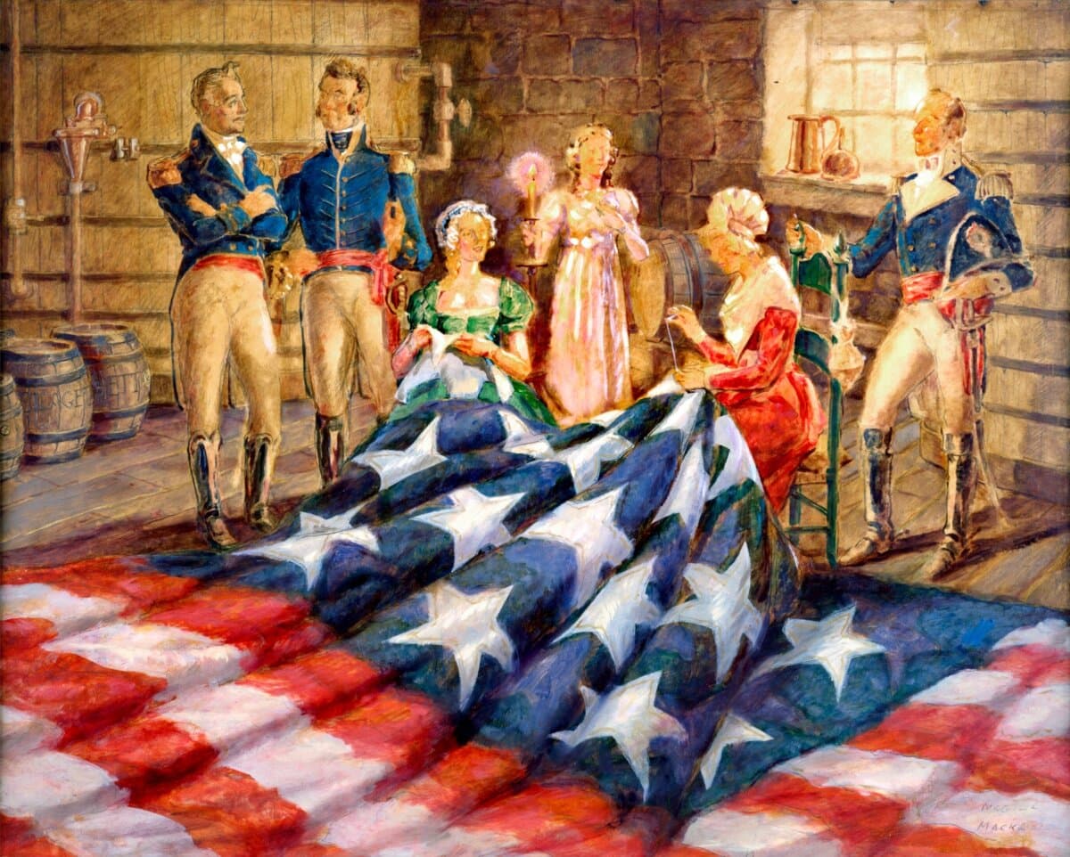Mary Pickersgill and her nieces sewing the flag at Brown's Brewery. Artist's rendition by Robert McGill Mackall, 1962. (Public Domain)
