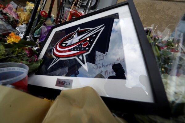 Keepsakes are left at a memorial set up by fans for Blue Jackets player Johnny Gaudreau in Columbus, Ohio, on Aug. 30, 2024. (Joe Maiorana/AP Photo)