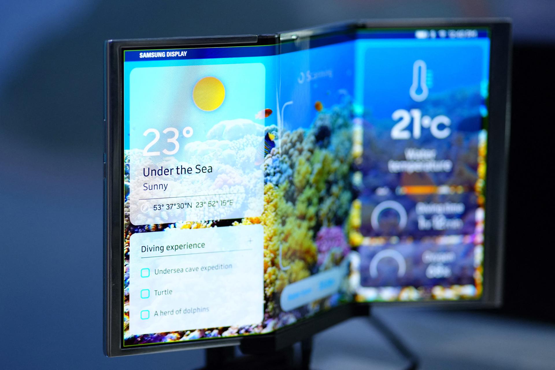 A Flex-S prototype displayed at the South Korean manufacturer Samsung and OLED stand at the Mobile World Congress in Barcelona, Spain, on Feb. 27, 2024. (Pau Barrena/AFP via Getty Images)