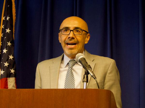 Gustavo Velasquez, director of California’s Department of Housing and Community Development, discusses the settlement with Elk Grove at a press conference at the Department of Justice building in Sacramento, Calif., on Sept. 4, 2024. (Travis Gillmore/The Epoch Times)