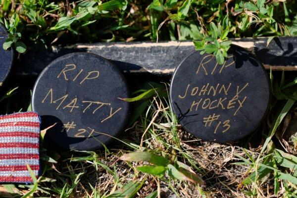 A makeshift memorial honors NHL player Johnny Gaudreau and his brother, Matthew, in their hometown of Oldmans Township, N.J., on Sept. 5, 2024. (Matt Rourke/AP Photo)