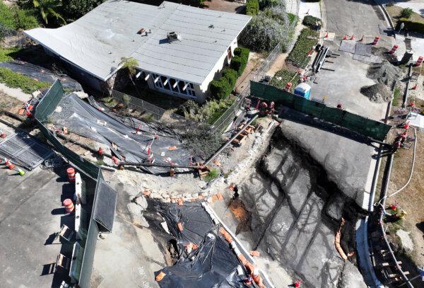 An aerial view shows damage from ongoing land movement in the area that has forced power shutoffs to homes and California Gov. Gavin Newsom to declare a state of emergency in Rancho Palos Verdes, Calif., on Sept. 3, 2024. (Mario Tama/Getty Images)