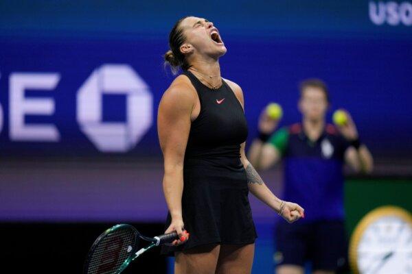 Aryna Sabalenka lets out a yell during a U.S. Open semifinal match against Emma Navarro in New York on Sept. 5, 2024. (Seth Wenig/AP Photo)