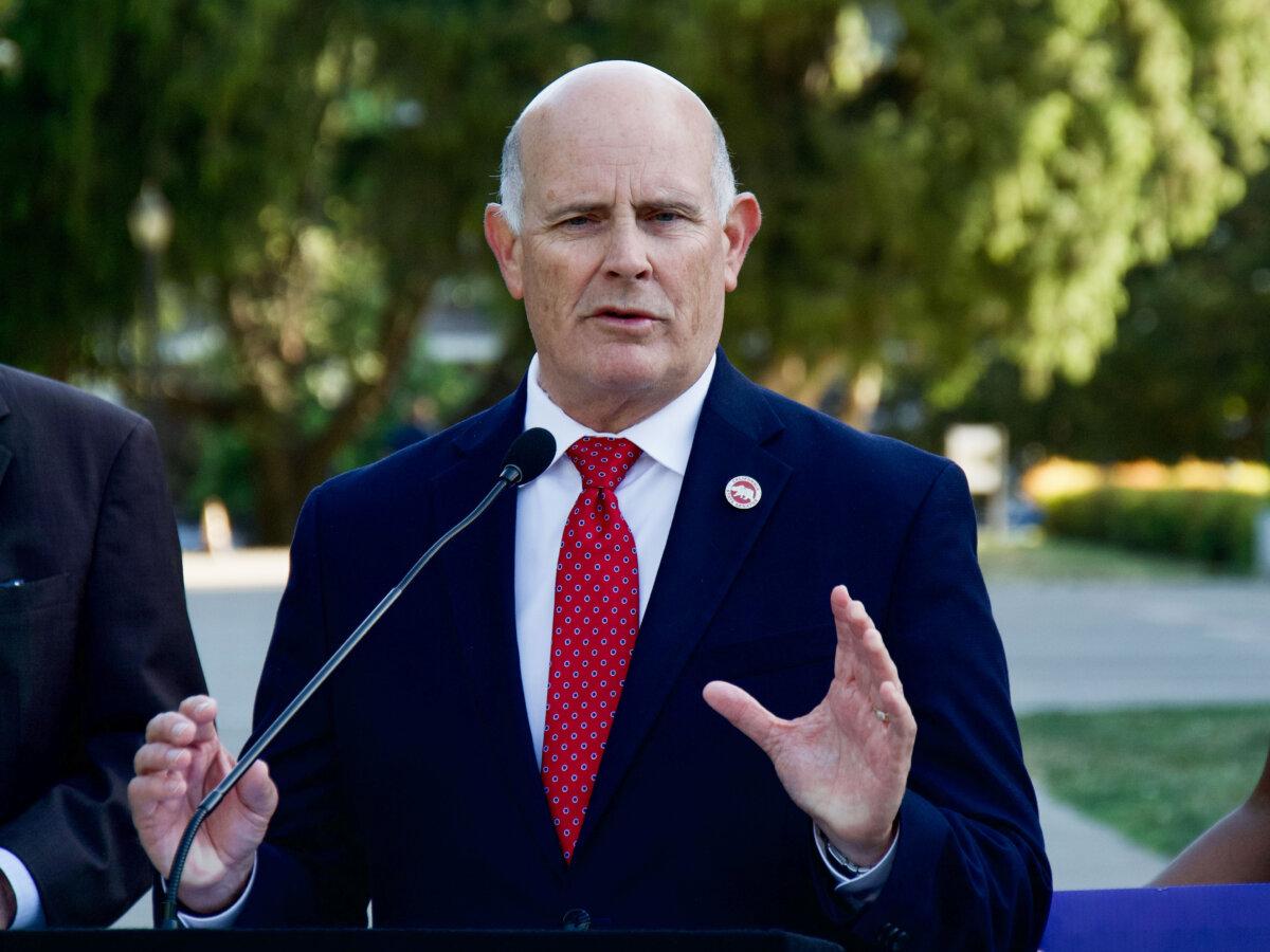 Sen. Kelly Seyarto speaks at a press conference opposing Assembly Bill 1955 in front of the Capitol on June 13, 2024. (Travis Gillmore/The Epoch Times)