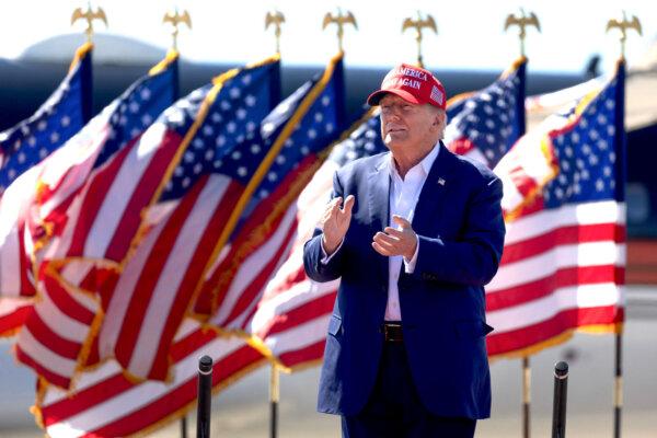 Republican presidential nominee former President Donald Trump arrives for a campaign event at the Central Wisconsin Airport in Mosinee, Wis., on Sept. 7, 2024. (Scott Olson/Getty Images)