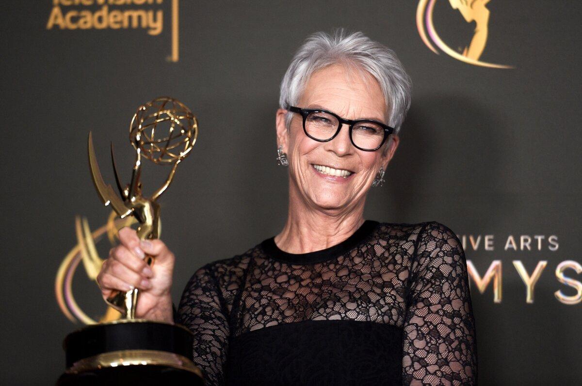 Jamie Lee Curtis poses with her award for outstanding guest actress in a comedy series for “The Bear” on night two of the Creative Arts Emmy Awards in Los Angeles on Sept. 8, 2024. (Richard Shotwell/Invision/AP)