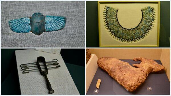 A scarab amulet, a necklace, a sistrum, and a gazelle mummy. (Keegan Billings/The Epoch Times)