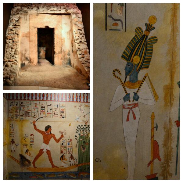 The entrance to the replica tomb and paintings displayed inside. (Keegan Billings/The Epoch Times)