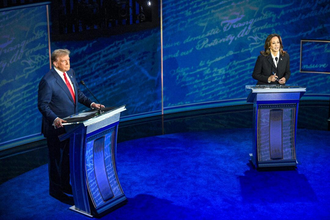 Former President Donald Trump (L) and Vice President Kamala Harris debate at the National Constitution Center in Philadelphia on Sept. 10, 2024. (Saul Loeb/AFP via Getty Images)