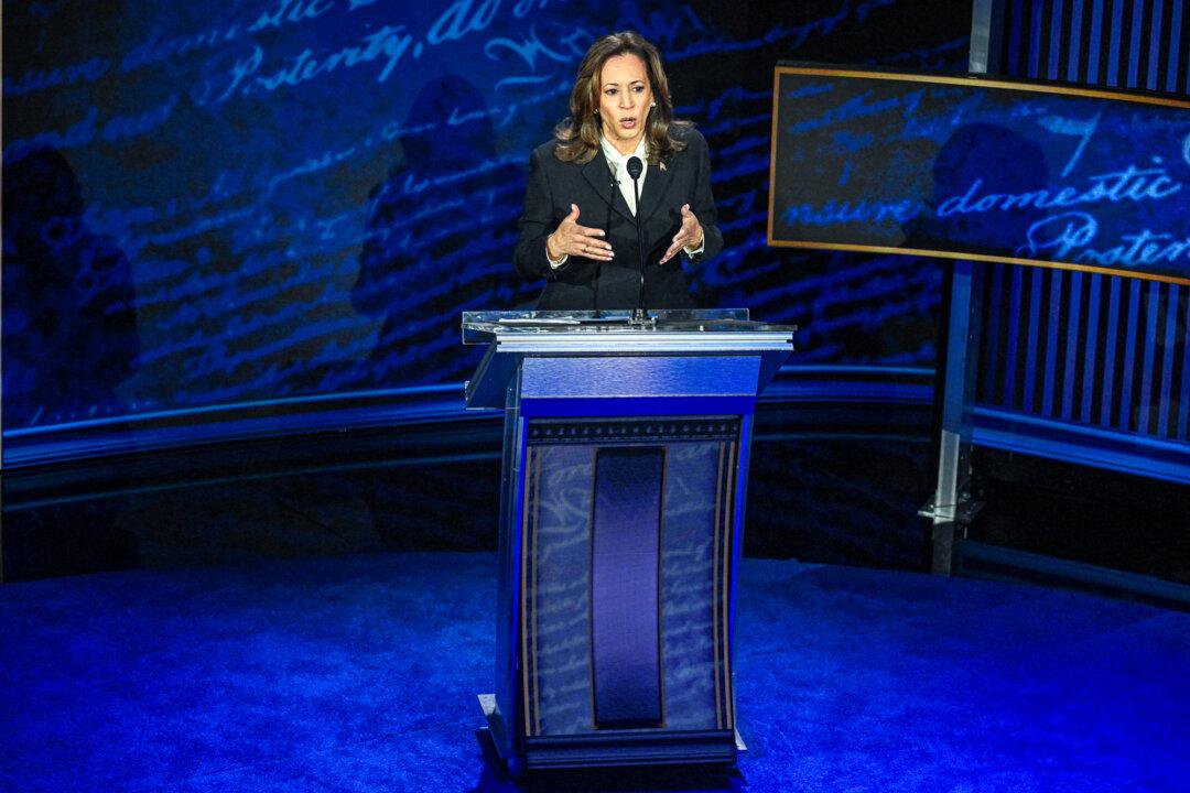 Vice President Kamala Harris speaks during a presidential debate with former President Donald Trump at the National Constitution Center in Philadelphia on Sept. 10, 2024. (Saul Loeb/AFP via Getty Images)