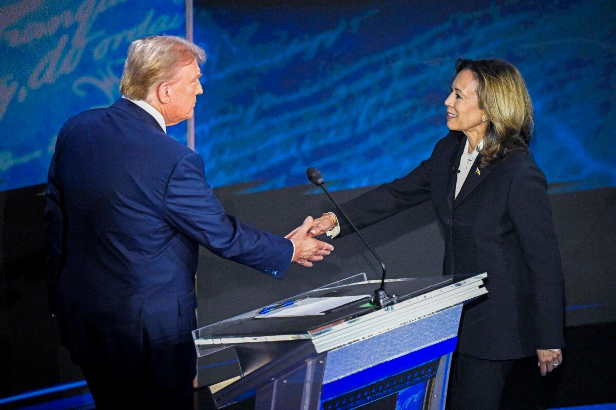 Former President Donald Trump (L) and Vice President Kamala Harris shake hands prior to the presidential debate at the National Constitution Center in Philadelphia on Sept. 10, 2024. (Saul Loeb/AFP via Getty Images)