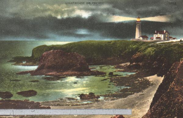 Light shines from Pigeon Point Lighthouse on a 1907–1915 postcard. (Courtesy of the Herb Entwistle Postcard Collection, National Archives)