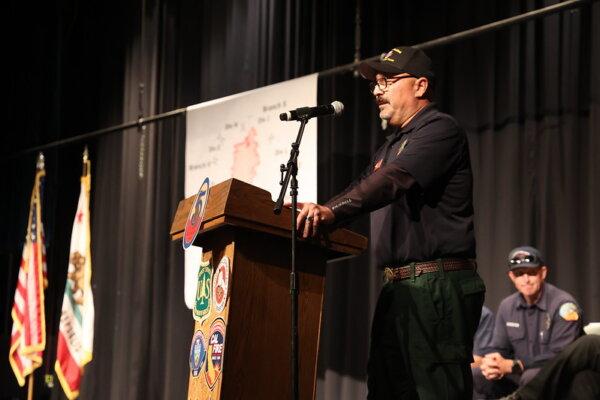 Fire officials briefed residents on the Bridge Fire at a community meeting in Phelan, Calif., on Sept. 14, 2024. (Cal Fire)