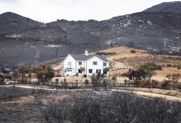 A home saved by firefighters sits surrounded by damage from the Airport Fire in El Cariso Village, Calif., on Sep. 16, 2024. (John Fredricks/The Epoch Times)