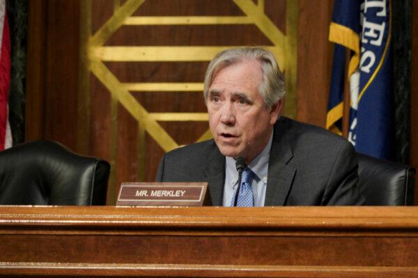 Sen. Jeff Merkley (D-Ore.), co-chair of the Congressional-Executive Commission on China, speaks at a congressional hearing on Americans detained in China, in Washington on Sept. 18, 2024. (Chen Lei/The Epoch Times)