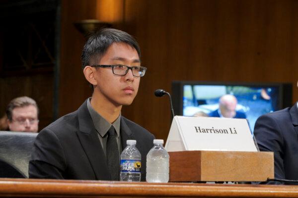 Harrison Li, son of detained American citizen Kai Li, speaks at a congressional hearing on Americans detained in China, in Washington on Sept. 18, 2024. (Chen Lei/The Epoch Times)