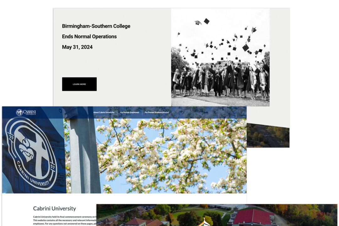 Screenshots show closing-down notifications on the home pages of Birmingham-Southern College, Cabrini University, Clarks Summit University, University of the Arts. (Screeenshots via The Epoch Times, Birmingham-Southern College, Cabrini University, Clarks Summit University, University of the Arts)