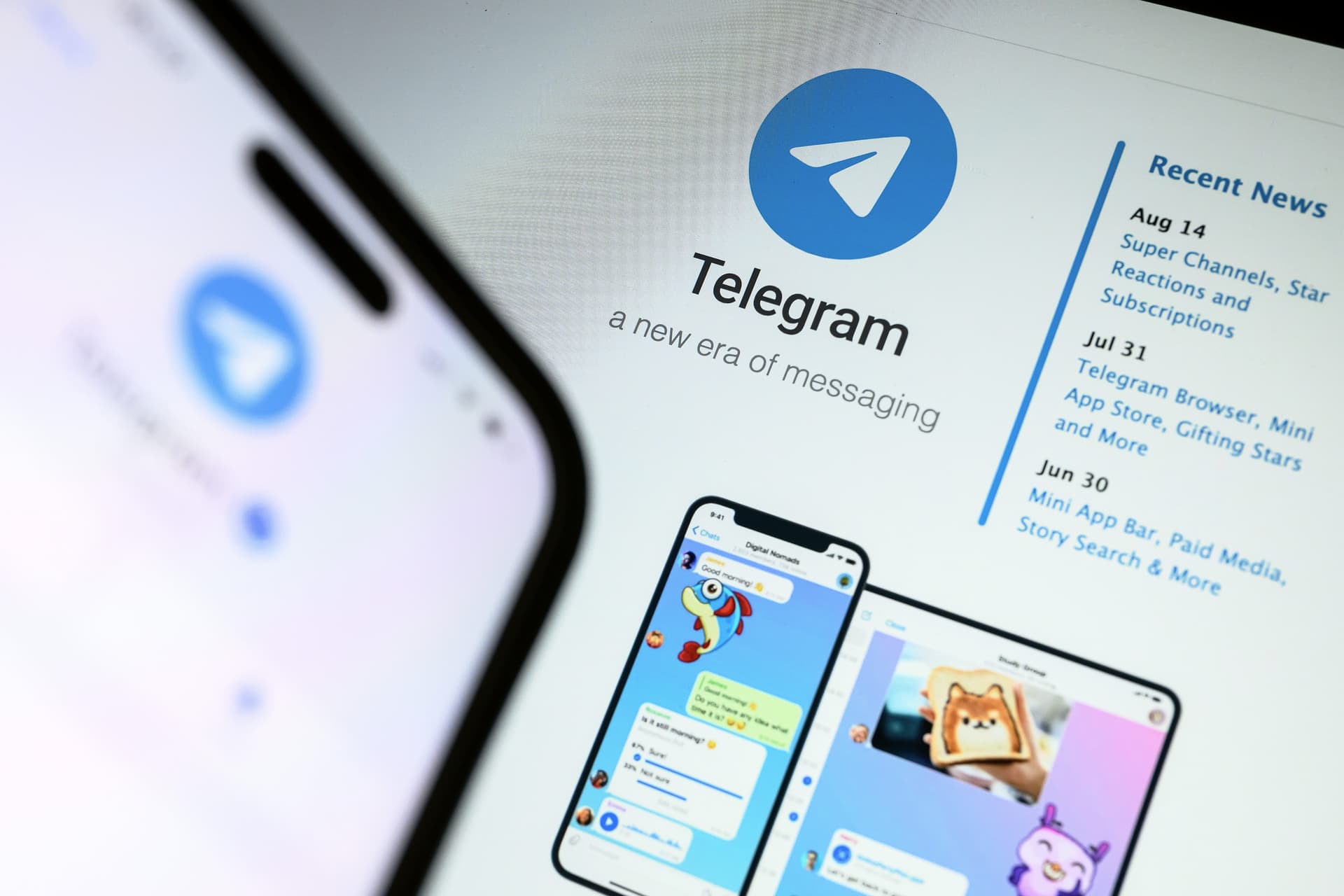 In this photo illustration, the Telegram logo is displayed on a number of screens in London on Aug. 26, 2024. (Leon Neal/Getty Images)