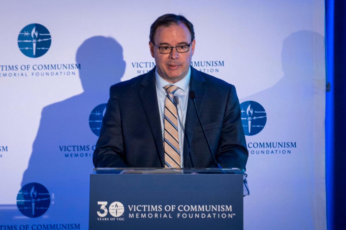 Adrian Zenz, a senior fellow and director in China Studies at the Victims of Communism Memorial Foundation, speaks at the China Forum in Washington on Sept. 25, 2024. (Madalina Vasiliu/The Epoch Times)