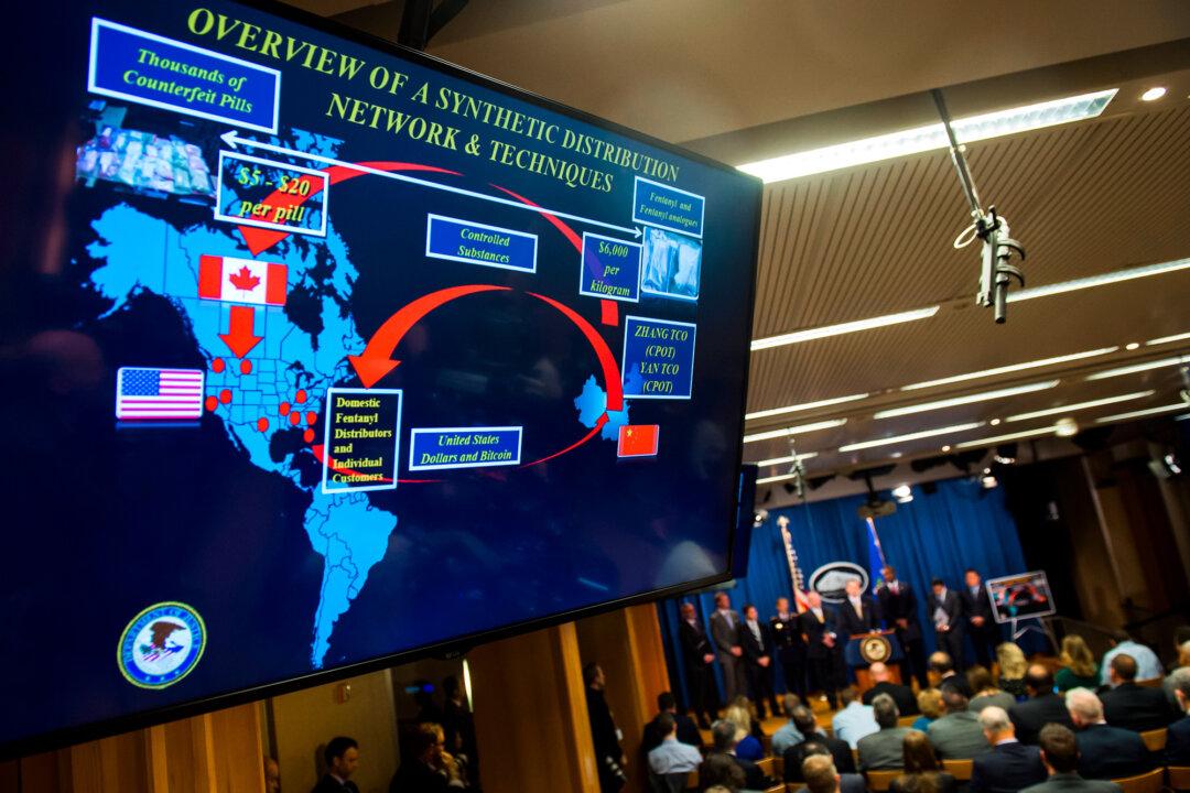 An overview of global illicit drug pathways, shown during a press conference at the Department of Justice in Washington on Oct. 17, 2017. (Saul Loeb/AFP via Getty Images)