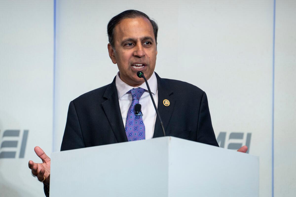 Rep. Raja Krishnamoorthi (D-Ill.), ranking member of the House Select Committee on the Strategic Competition Between the US and the CCP, speaks at the American Enterprise Institute (AEI) in Washington on Sept. 25, 2024. (Madalina Vasiliu/The Epoch Times)