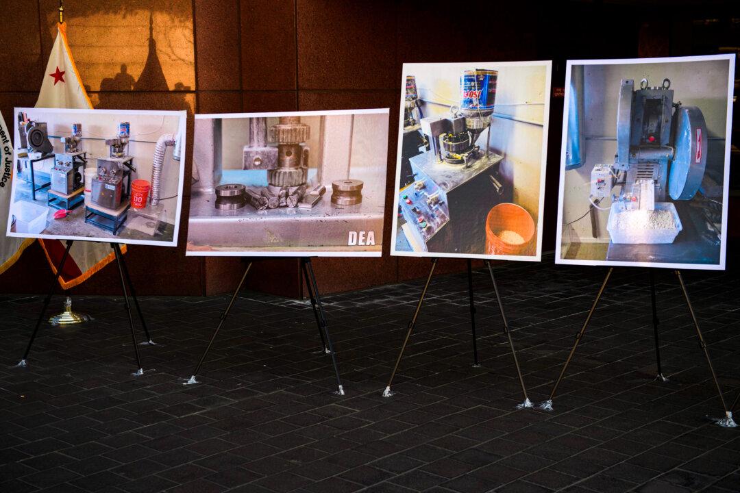 (Top) Sen. Lindsey Graham (R-S.C.) holds a news conference about his proposed legislation to designate Mexican drug cartels as foreign terrorist organizations at the U.S. Capitol on March 8, 2023. (Bottom) Photos of fentanyl pills and pill press machines seized by authorities are displayed during a news conference in Los Angeles on Feb. 24, 2021. (Chip Somodevilla/Getty Images, Patrick T. Fallon/AFP via Getty Images)