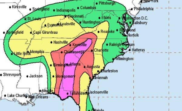 A map shows where flash flooding could occur during Helene, provided on Sept. 26, 2024. The purple and red areas are where there is a 'high' and 'moderate' chance of flash flooding, respectively. (National Weather Service)