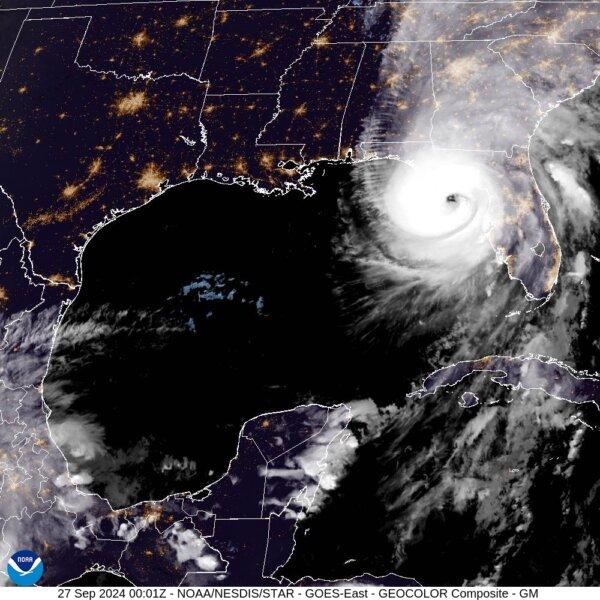 Satellite image of Hurricane Helene as it closes in on the Florida Panhandle at 8:10 p.m ET on Sept. 26, 2024 (NOAA/NESDIS/STAR - GOES-East)