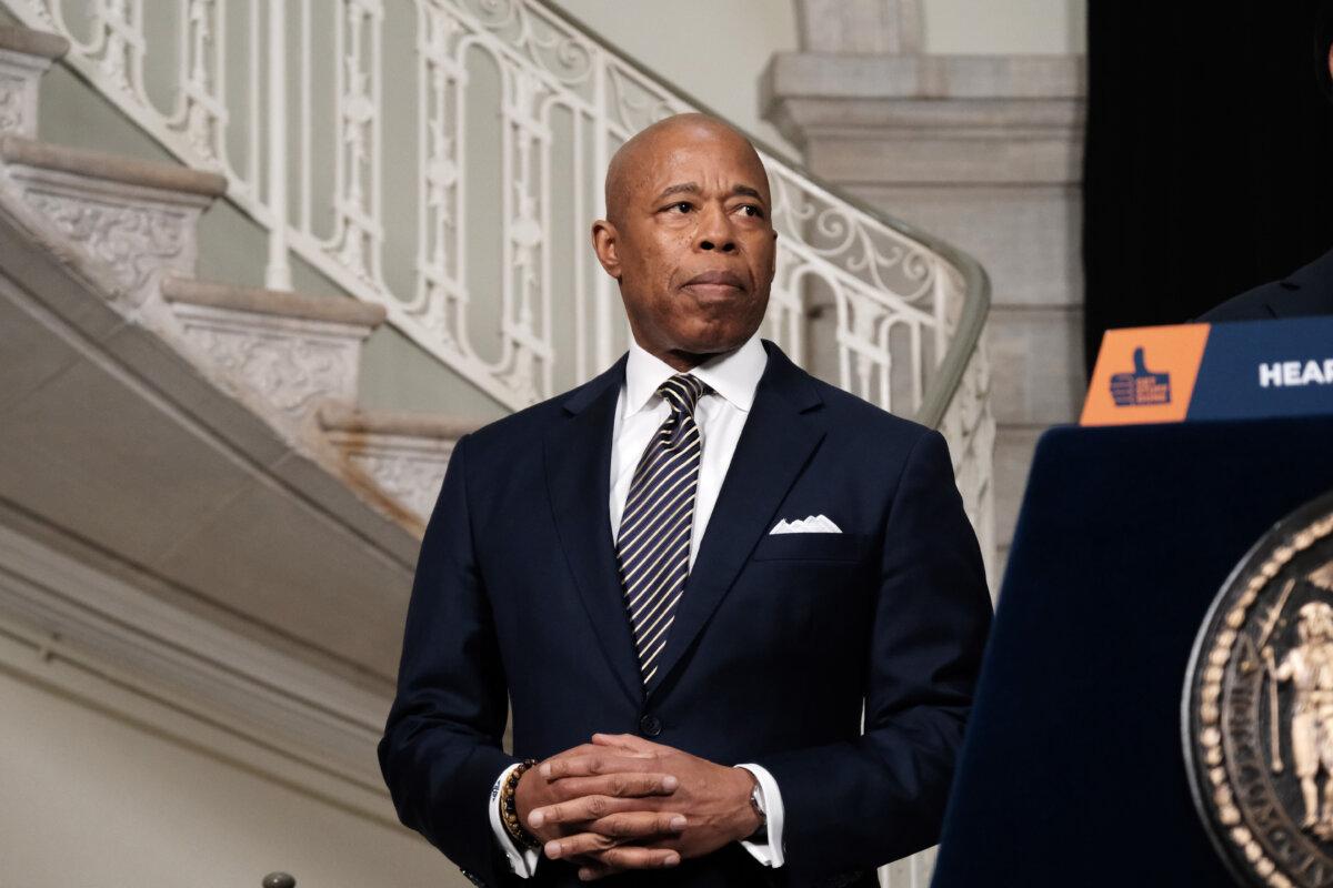 Mayor Eric Adams listens during a briefing on security preparations ahead of former President Donald Trump's arrival in New York City on April 3, 2023. (Spencer Platt/Getty Images)