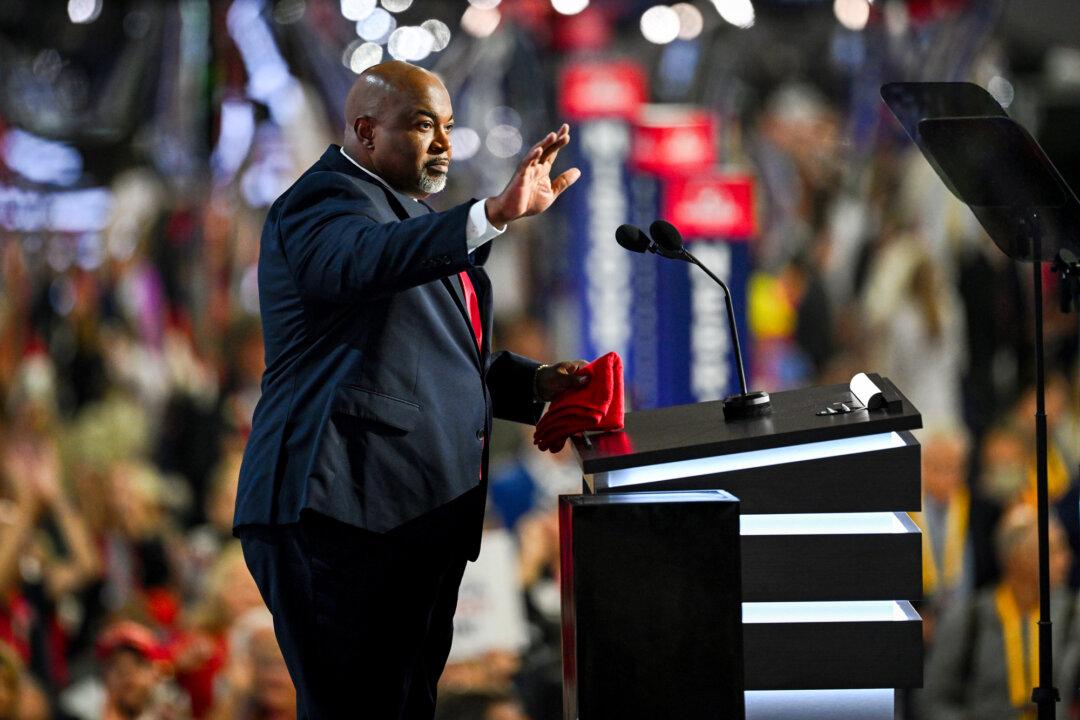 North Carolina Lt. Gov. Mark Robinson speaks on stage on the first day of the Republican National Convention at the Fiserv Forum, in Milwaukee on July 15, 2024. (Leon Neal/Getty Images)