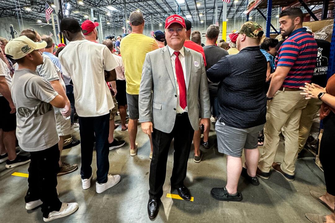 Rev. Nick Baker, pastor of Faith Baptist Church, attends a Trump rally in Mint Hill, N.C., on Sept. 25, 2024. (Arjun Singh/The Epoch Times)