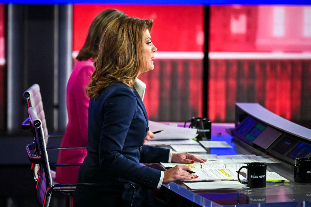 Margaret Brennan (L) and Norah O'Donnell moderate the Vice Presidential debate between Senator and Republican vice presidential candidate J.D. Vance and Minnesota Governor and Democratic vice presidential candidate Tim Walz, hosted by CBS News at the CBS Broadcast Center in New York City on Oct. 1, 2024. (ANGELA WEISS/AFP via Getty Images)