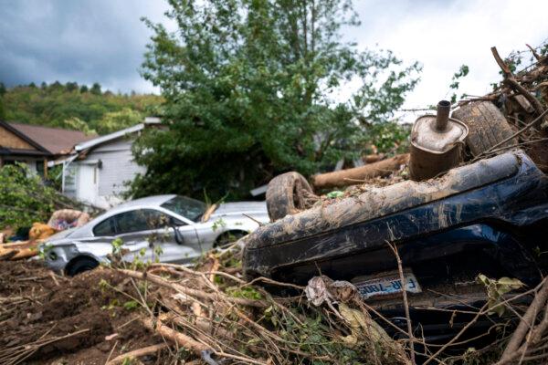 Storm-damaged vehicles are shown in the aftermath of Hurricane Helene near Black Mountain, N.C., on Sept. 30, 2024. (Sean Rayford/Getty Images)