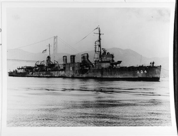 Arriving under tow in San Francisco Bay in early March 1946. (Photo courtesy of Donald M. McPherson, 1977/U.S. Naval History and Heritage Command photograph)