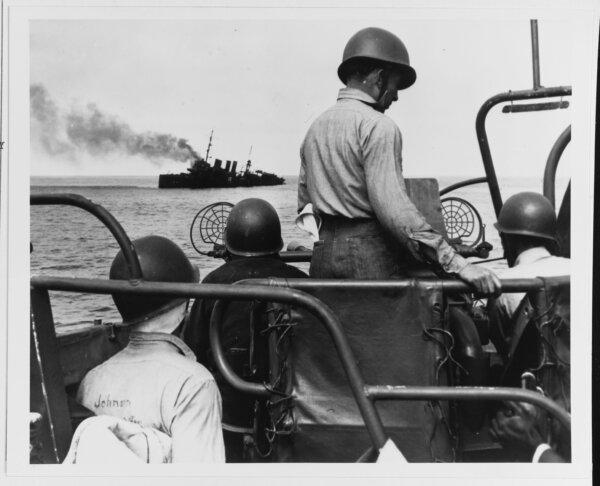 Being sunk as a target on May 24, 1946. The Stewart had already been bombed by aircraft and was under fire by the 40 mm single-gun mount in the foreground. (Official U.S. Navy photograph, now at the National Archives)