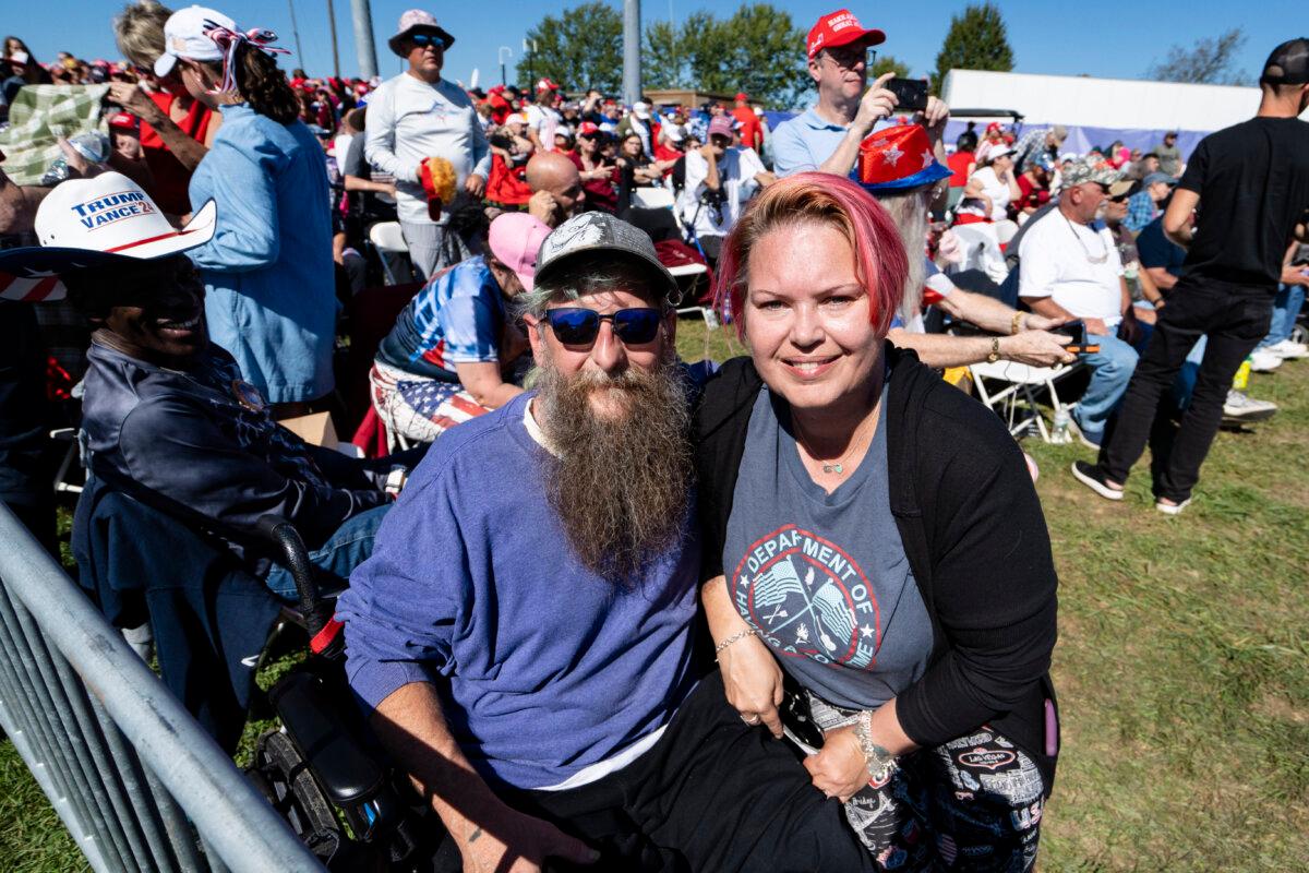 Michael and Stephanie McMahan at a rally with former President Donald J. Trump at Butler Farm Show in Butler, Pa., on Oct. 5, 2024. (Samira Bouaou/The Epoch Times)