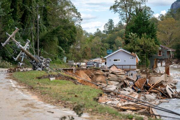 Destroyed houses and buildings along the Broad River in the aftermath of Hurricane Helene in Bat Cave, N.C., on Oct. 1, 2024. (Sean Rayford/Getty Images)