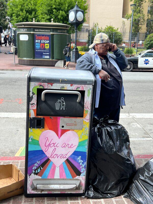 Local activist JJ Smith calls for medical help in San Francisco’s Tenderloin district, on May 16, 2024. (Brad Jones/The Epoch Times) <strong><br/></strong>