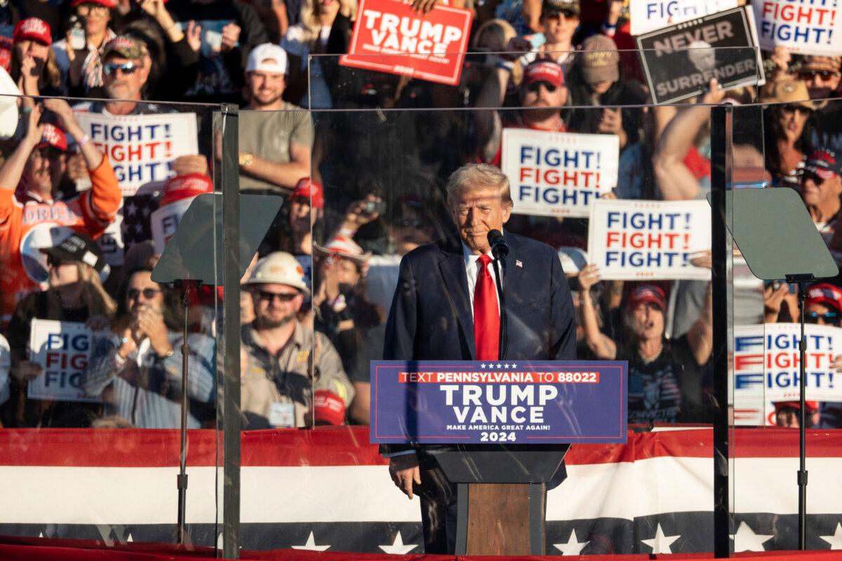 Republican presidential nominee former President Donald J. Trump speaks during a rally at Butler Farm Show in Butler, Pa., on Oct. 5, 2024. (Samira Bouaou/The Epoch Times)