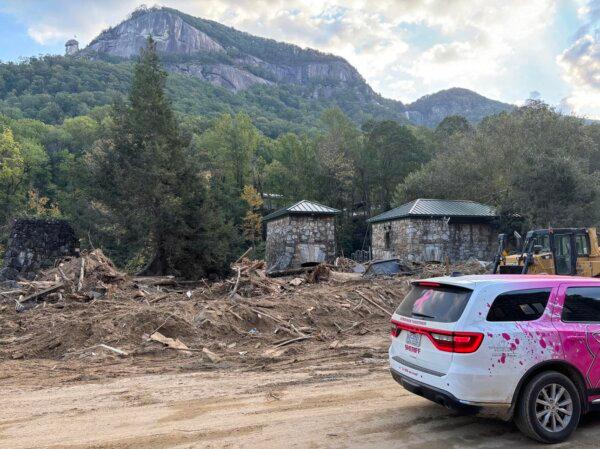 The community of Chimney Rock and Chimney Rock State Park were severely damaged by Hurricane Helene floodwaters. (Jeff Louderback/The Epoch Times)