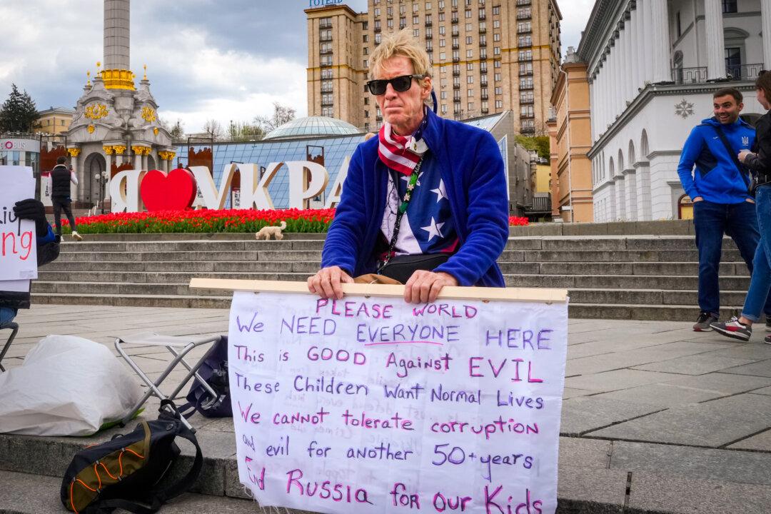 Ryan Wesley Routh participates in a rally in central Kyiv, Ukraine, on April 30, 2022. (Efrem Lukatsky/ AP Photo)