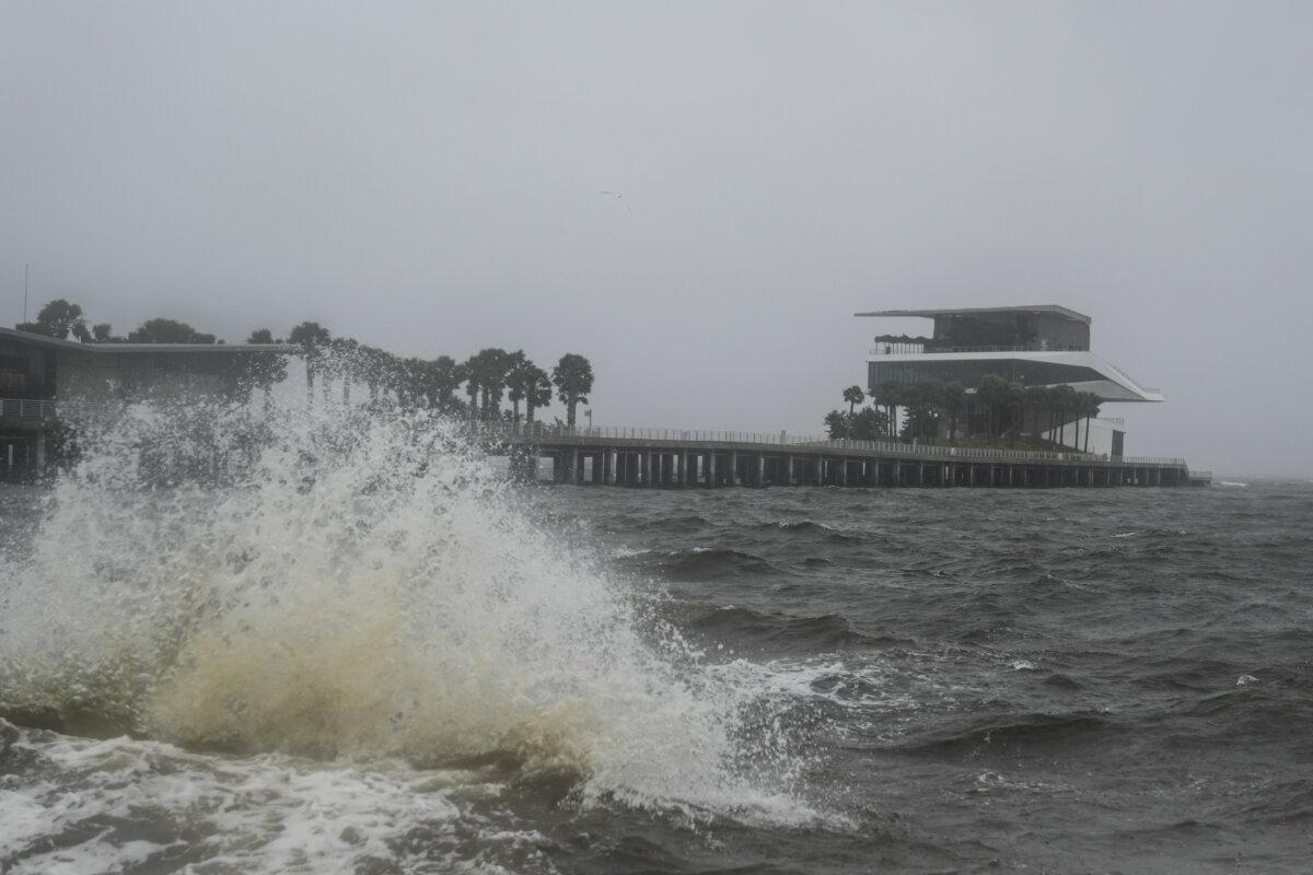 Waves crash along St. Pete Pier in St. Petersburg as Hurricane Milton is expected to make landfall tonight on Oct. 9, 2024 in Florida. (Bryan R. Smith/AFP via Getty Images)