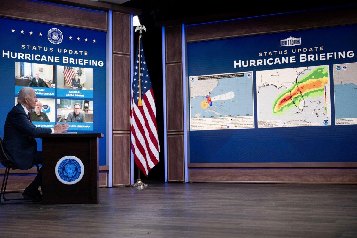 President Joe Biden speaks during a briefing about Hurricane Milton in the Eisenhower Executive Office Building in Washington on Oct. 9, 2024. (Brendan Smialowski/AFP via Getty Images)