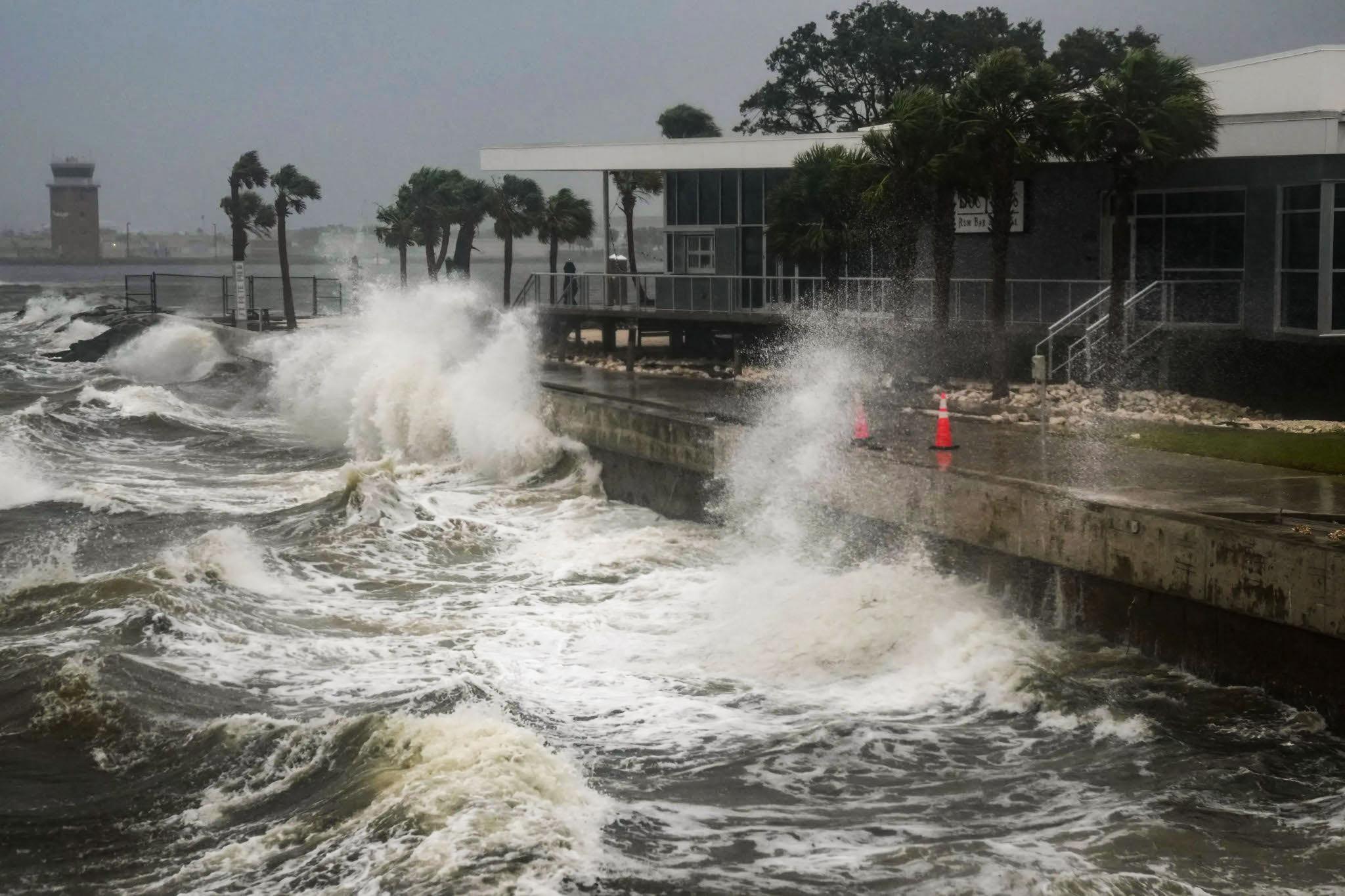 Waves crash along St. Pete Pier in St. Petersburg, Fla., as Hurricane Milton is expected to make landfall tonight on Oct. 9, 2024. (Bryan R. Smith/AFP via Getty Images)