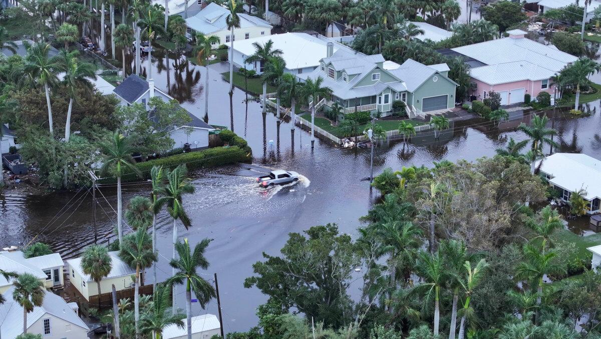 Flood waters inundate a neighborhood after Hurricane Milton came ashore, in Punta Gorda, Florida, on Oct. 10, 2024. (Joe Raedle/Getty Images)