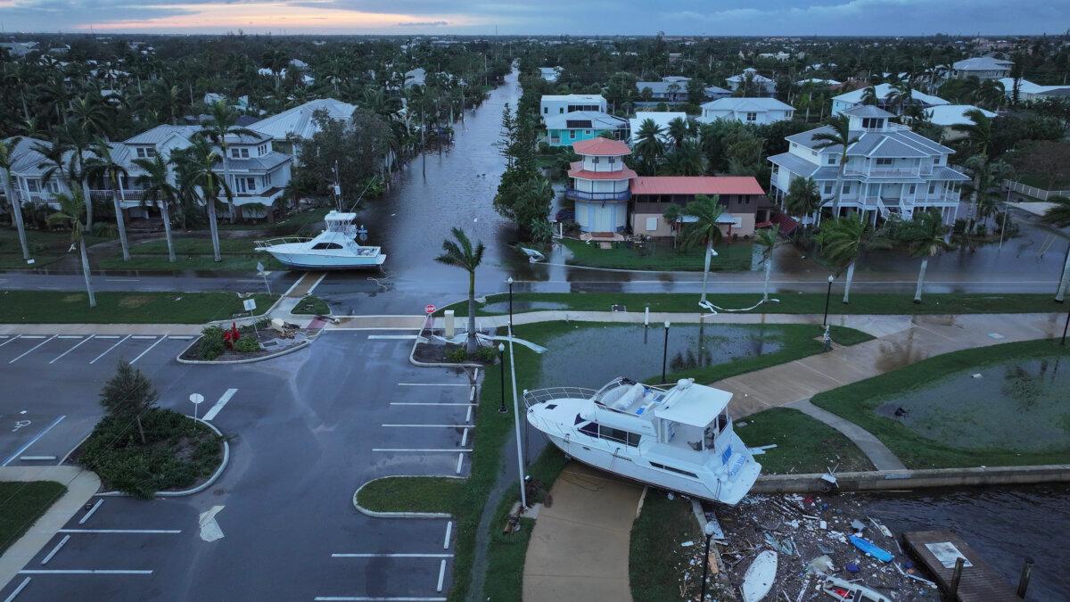 In this aerial view, boats are washed ashore from when Hurricane Milton passed through the area in Punta Gorda, Fla., on Oct. 10, 2024. (Joe Raedle/Getty Images)