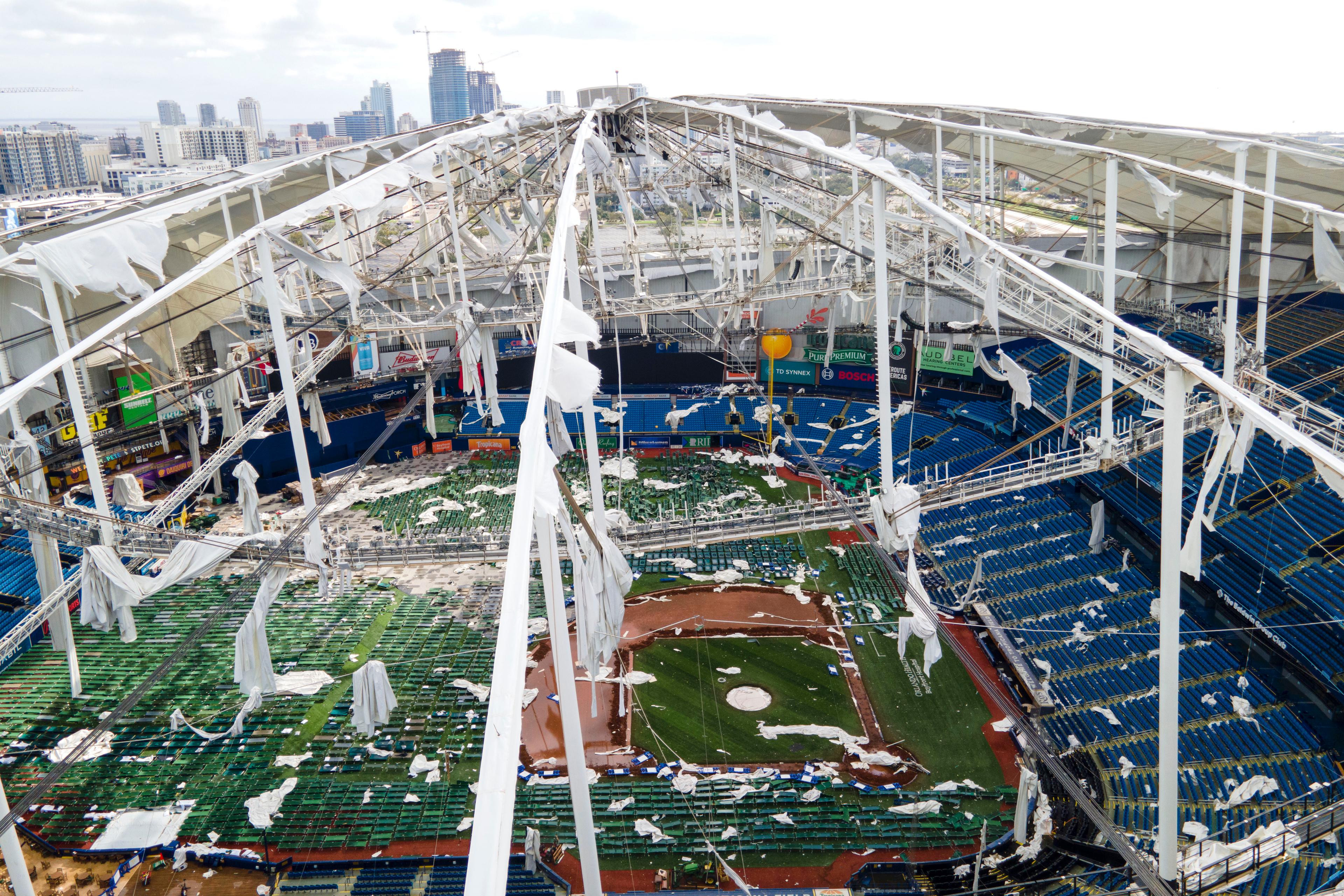 The roof of the Tropicana Field is damaged the morning after Hurricane Milton hit the region, in St. Petersburg, Fla., on Oct. 10, 2024. (Julio Cortez/AP Photo)