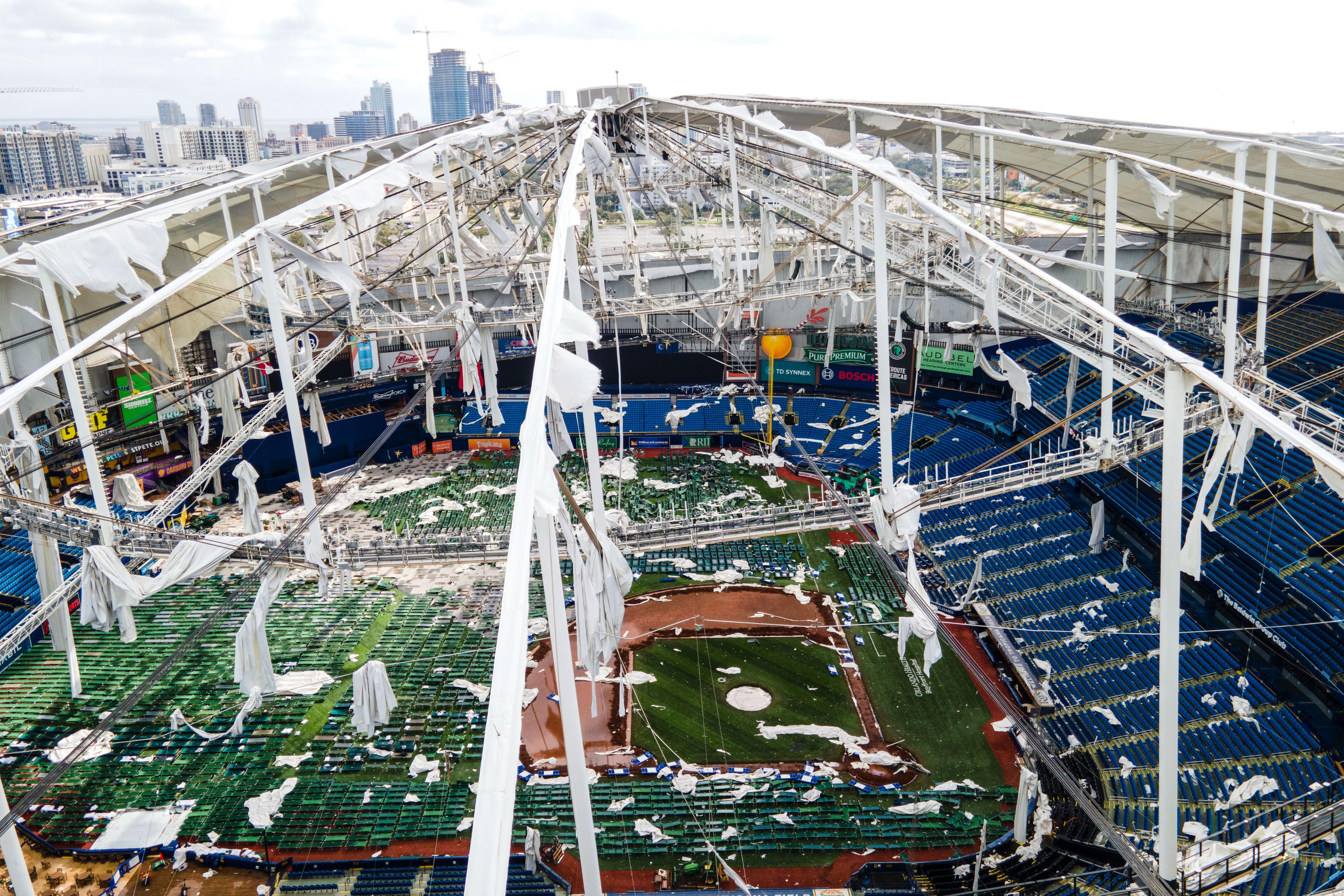 Hurricane Milton Destroys Roof of Tropicana Field Stadium Near Tampa